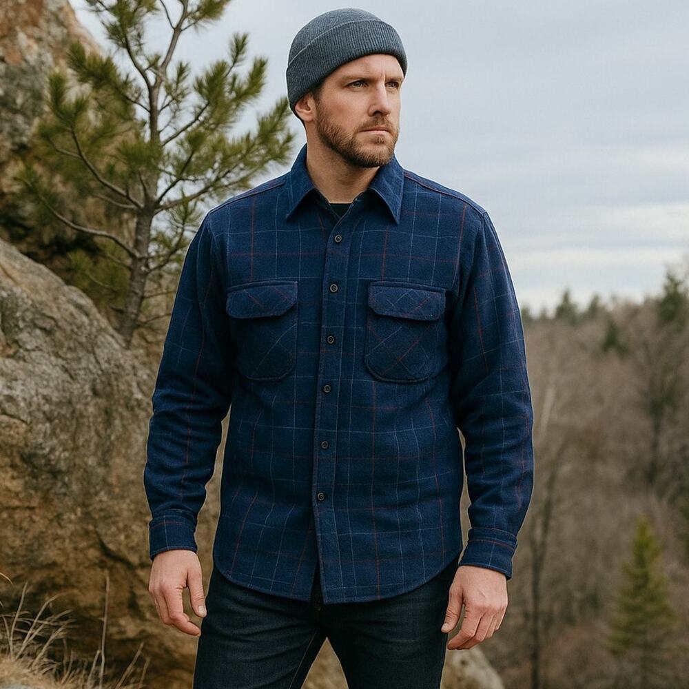 Fieldmaster Vintage Blue Plaid Wool Blend Button Up Shirt Men’s Size L
